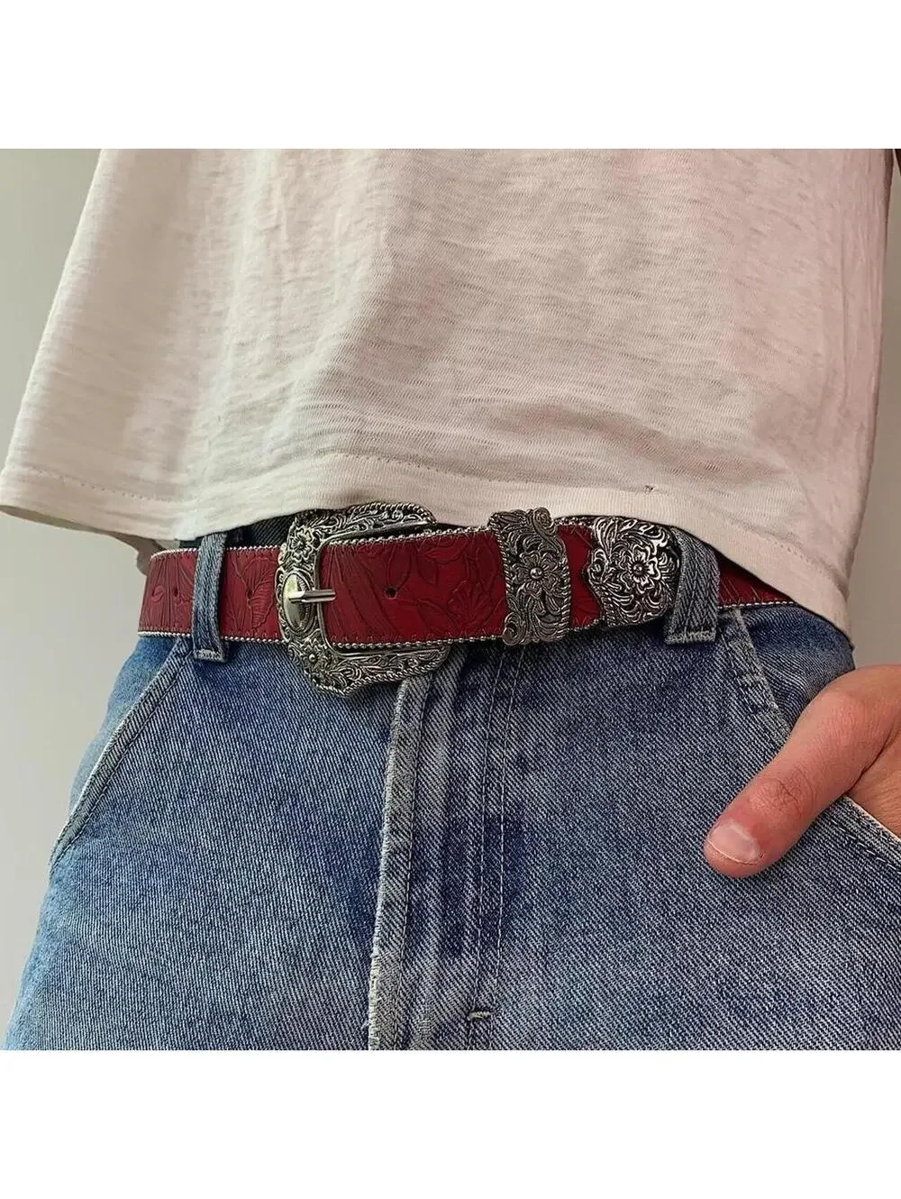 Red Western Floral belt with silver belt buckle. 38 inches length